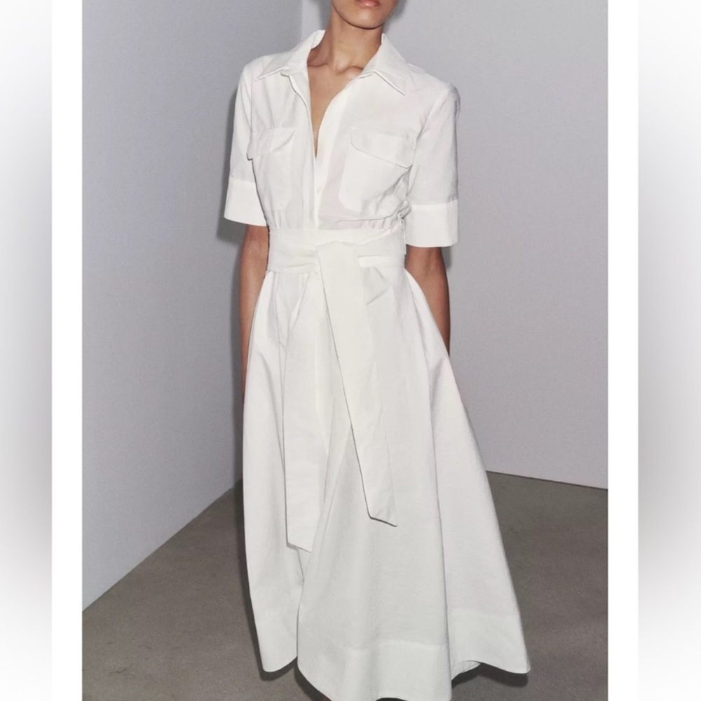 Zara Ivory Midi Shirt Dress with Waist Tie - Picture 2 of 13